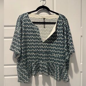 Anthropologie Geometric Boxy Ruffle Hem Blouse Teal and Cream Size Large Womens